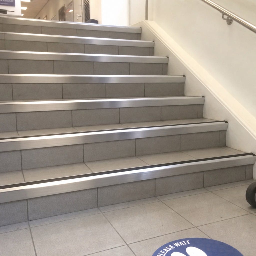 Customer photo review of Heavy Duty Chevron Aluminium Stair Nosing 2.75m, Single Insert, 65mm Riser