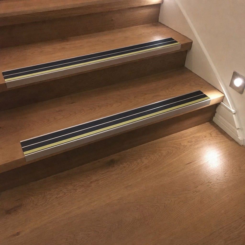 Customer photo review of Aluminium Stair Nosing 85x32mm Photoluminescent Glow Edge, Twin Inserts