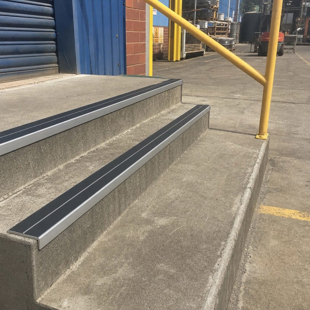 Customer photo review of Aluminium Stair Nosing 85x32mm Rake Back, Twin Anti-Slip PVC Inserts