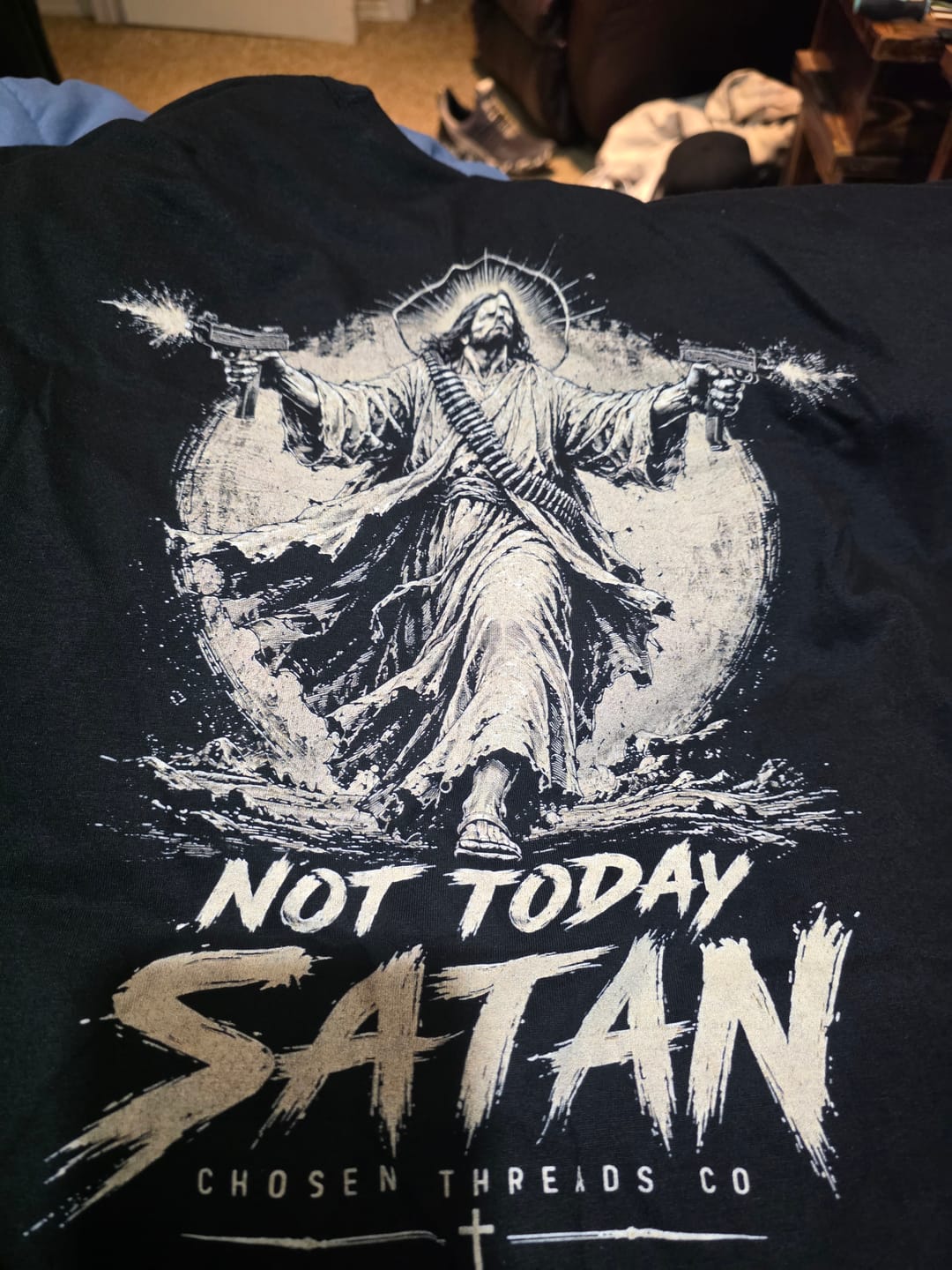 Customer photo review of Not Today Satan Uzi T-Shirt