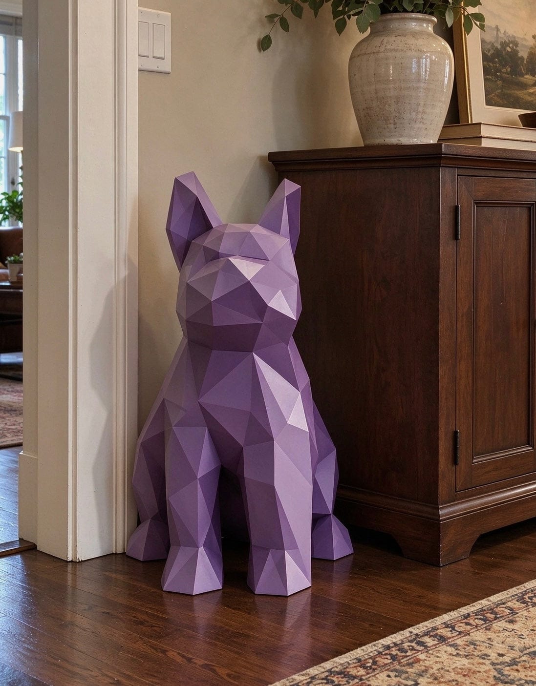 Customer photo review of INFINITY Large Modern Geometric Purple Bulldog Fiberglass Sculpture For Shopping Center Atriums (Pedestal Not Included) IF-009