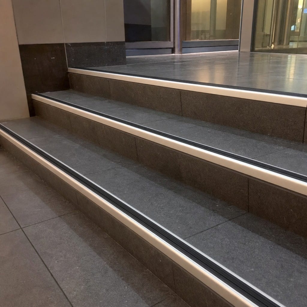Customer photo review of Heavy Duty Chevron Aluminium Stair Nosing 2.75m, Double Insert, 40mm Riser