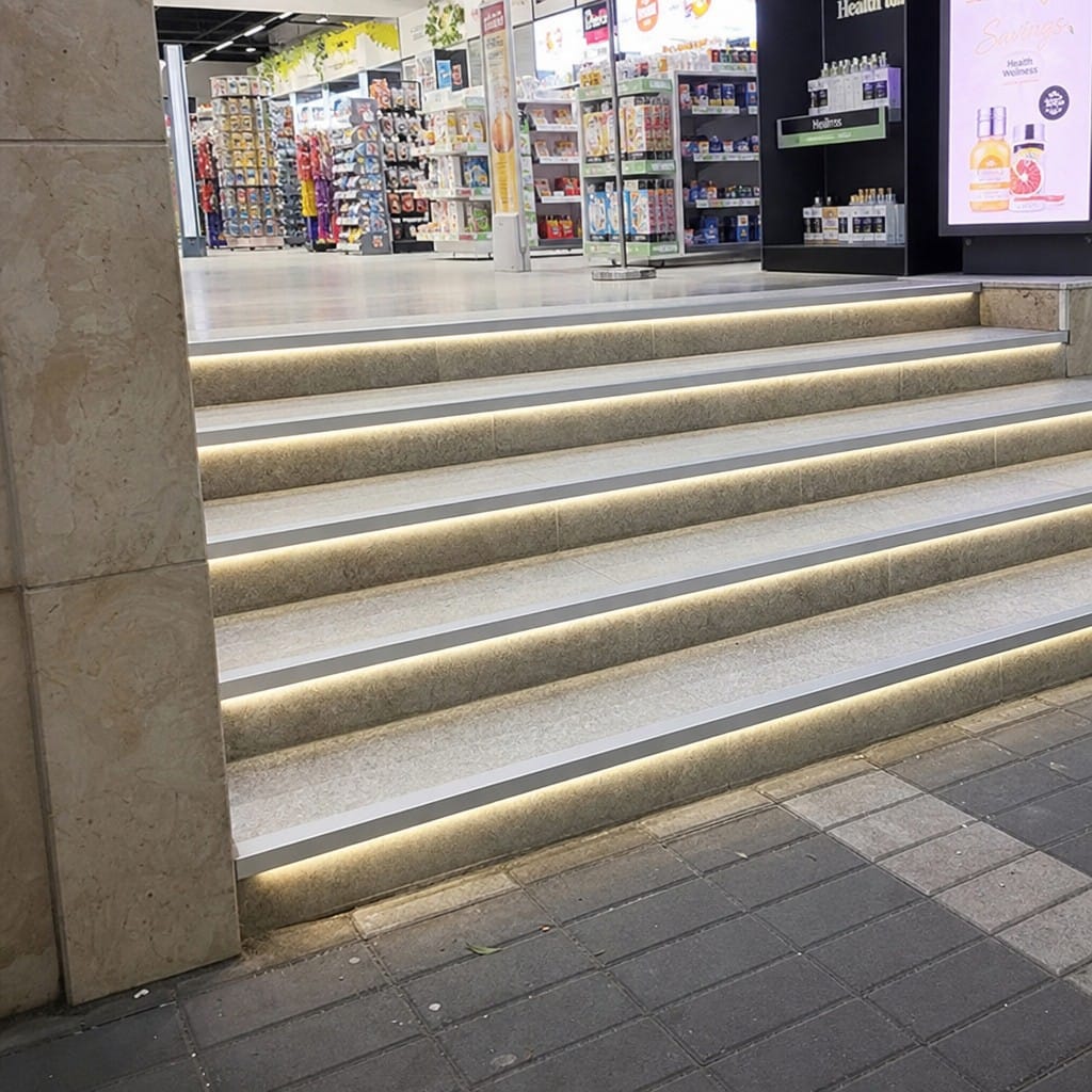 Customer photo review of Light Up LED Stair Nosing 9mm x 20mm Aluminium Commercial