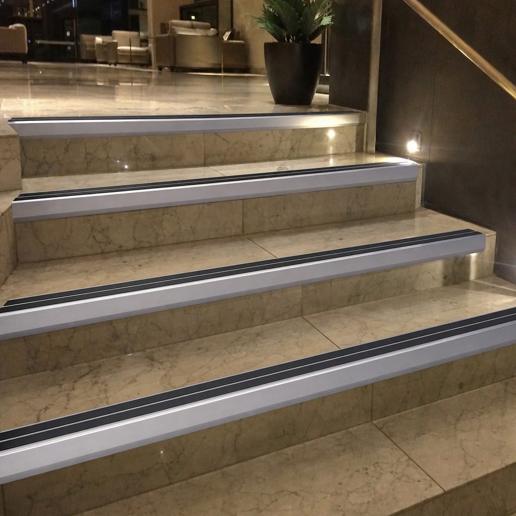 Customer photo review of Heavy Duty Chevron Aluminium Stair Nosing 2.44m, Double Insert, 60mm Riser