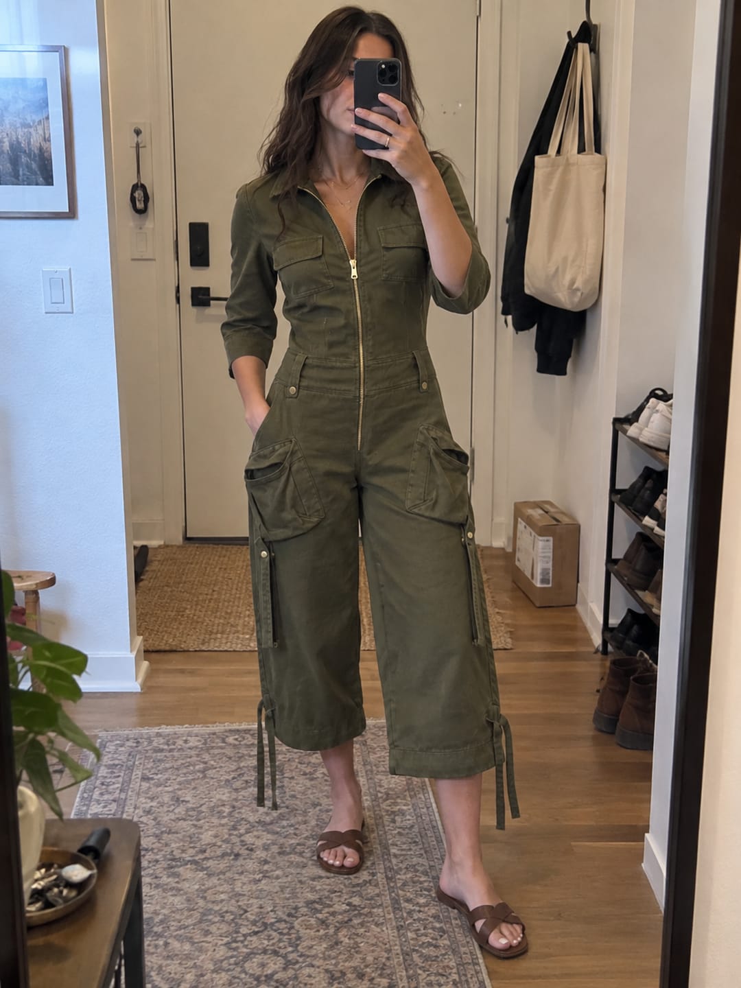 Customer photo review of Zipper Tiered Solid Color Pockets Buttoned Three-quarter Sleeves Lapel Jumpsuits