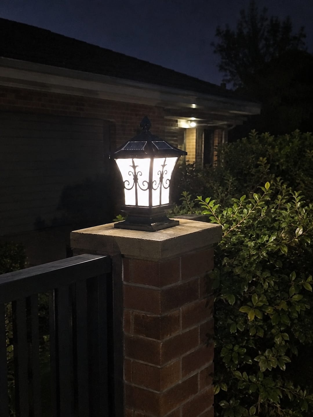 Customer photo review of 2-Pack Heritage Solar Pillar Lights | Dusk to Dawn Waterproof Gate Post Lamps
