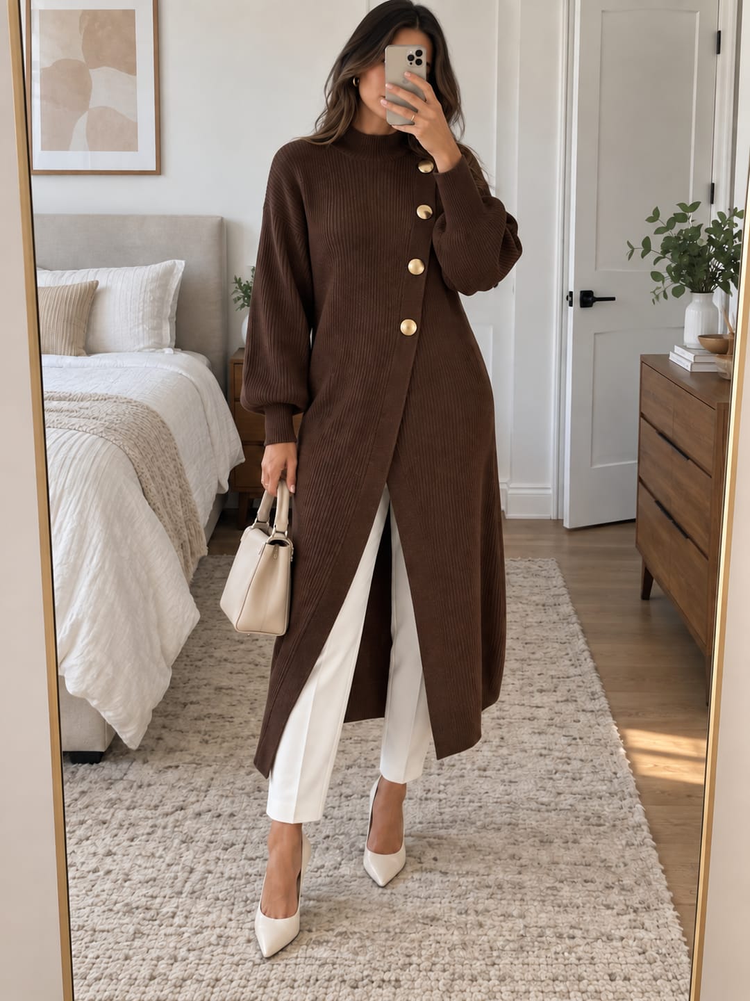 Customer photo review of Solid Color Ribbed Knit Pockets Buttoned Loose Long Sleeves Mock Neck Sweater Pullovers