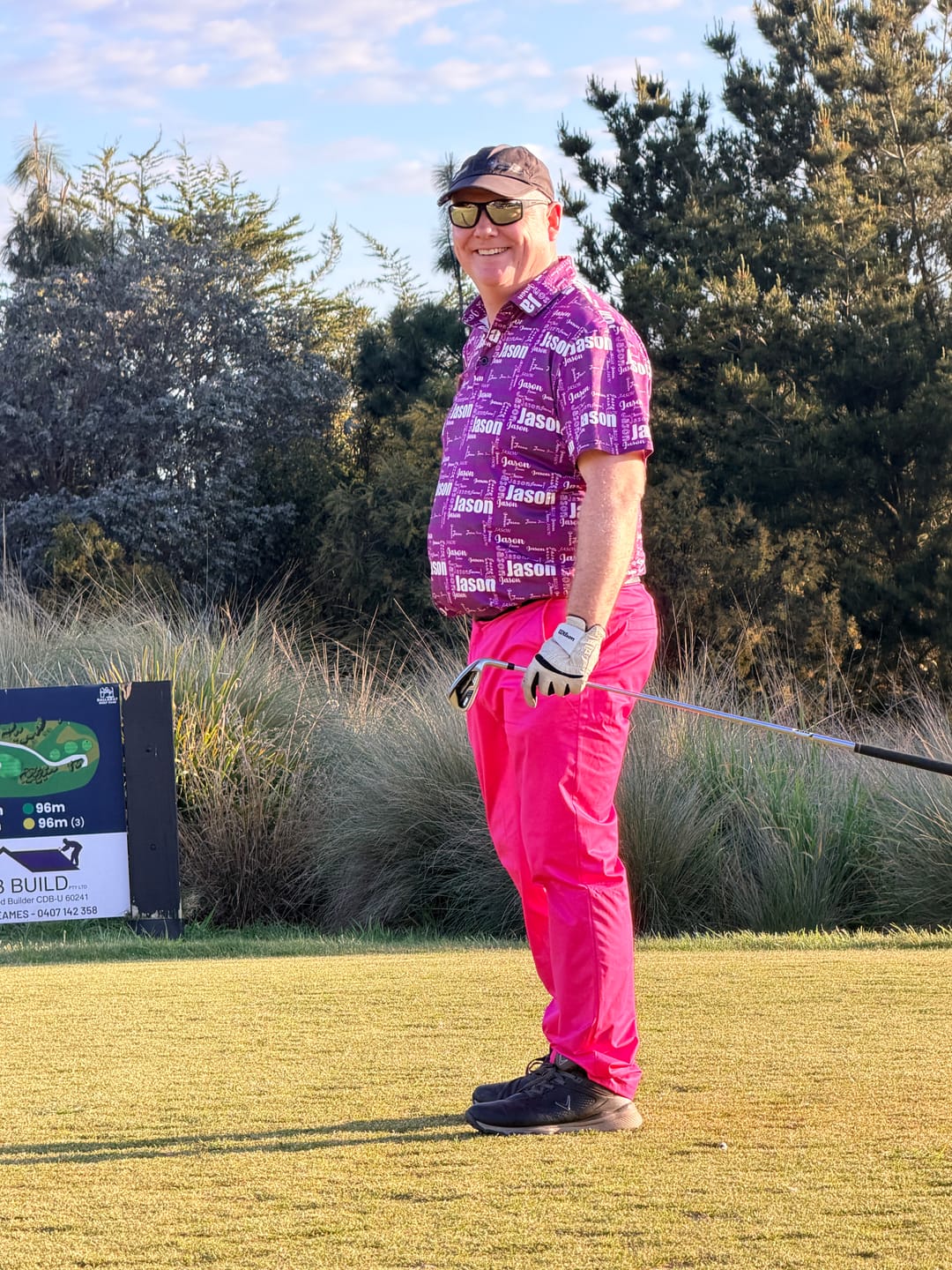 Customer photo review of Personalize And Add To Cart Men's pure fuchsia Stretch Golf Pants