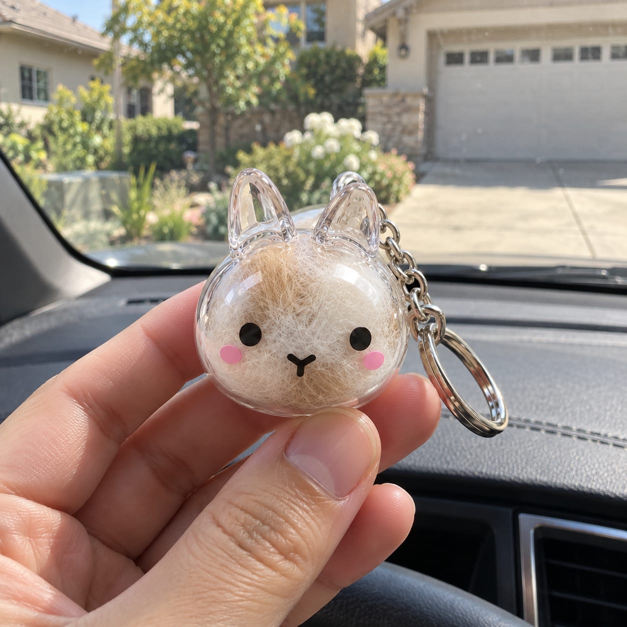 Customer photo review of Keepsake Keychain That Holds Your Bunny's Fur