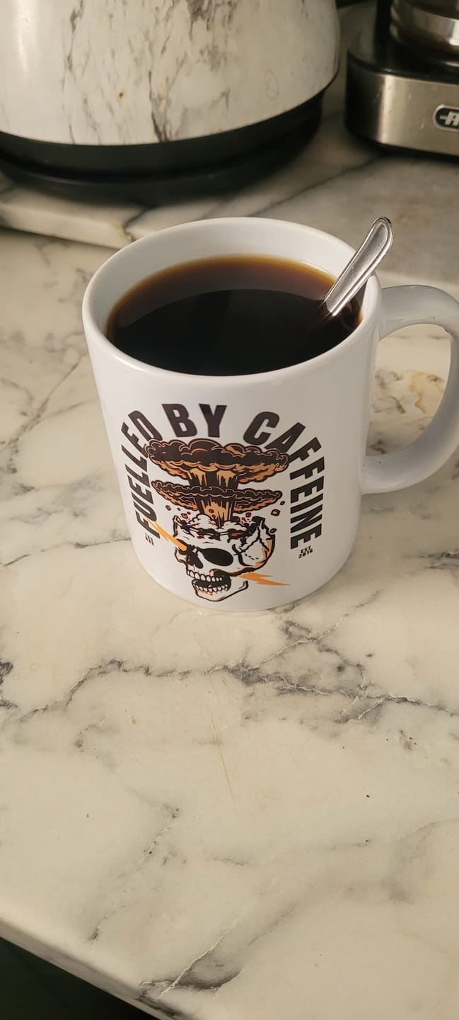 Customer photo review of » 11oz White Mug - Fuelled By Caffeine V3 (100% off)