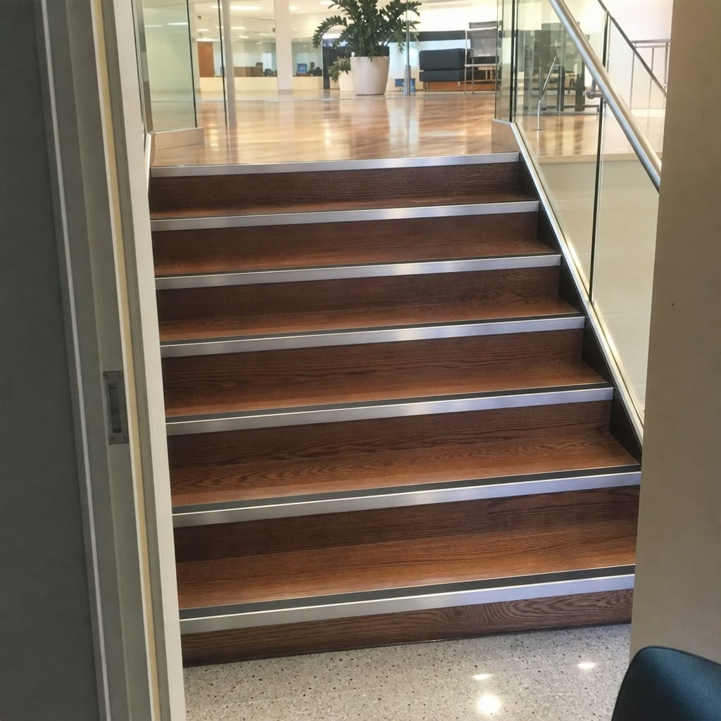 Customer photo review of Square Aluminium Stair Nosing 2.75m 56mm Tread Single