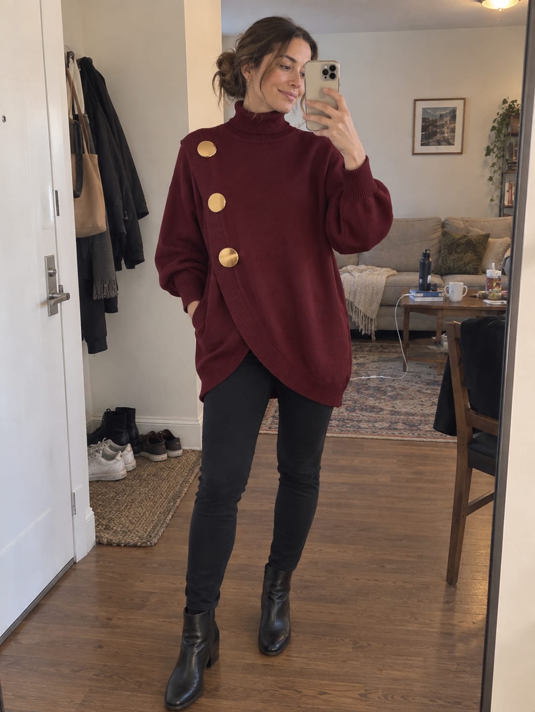 Customer photo review of Solid Color Ribbed Pockets Buttoned Asymmetric Loose Long Sleeves High-neck Sweater Tops Pullovers