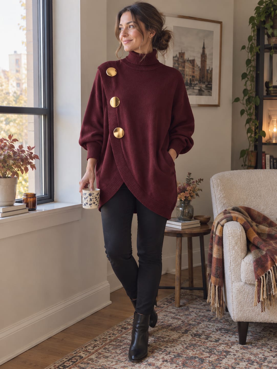 Customer photo review of Solid Color Ribbed Pockets Buttoned Asymmetric Loose Long Sleeves High-neck Sweater Tops Pullovers
