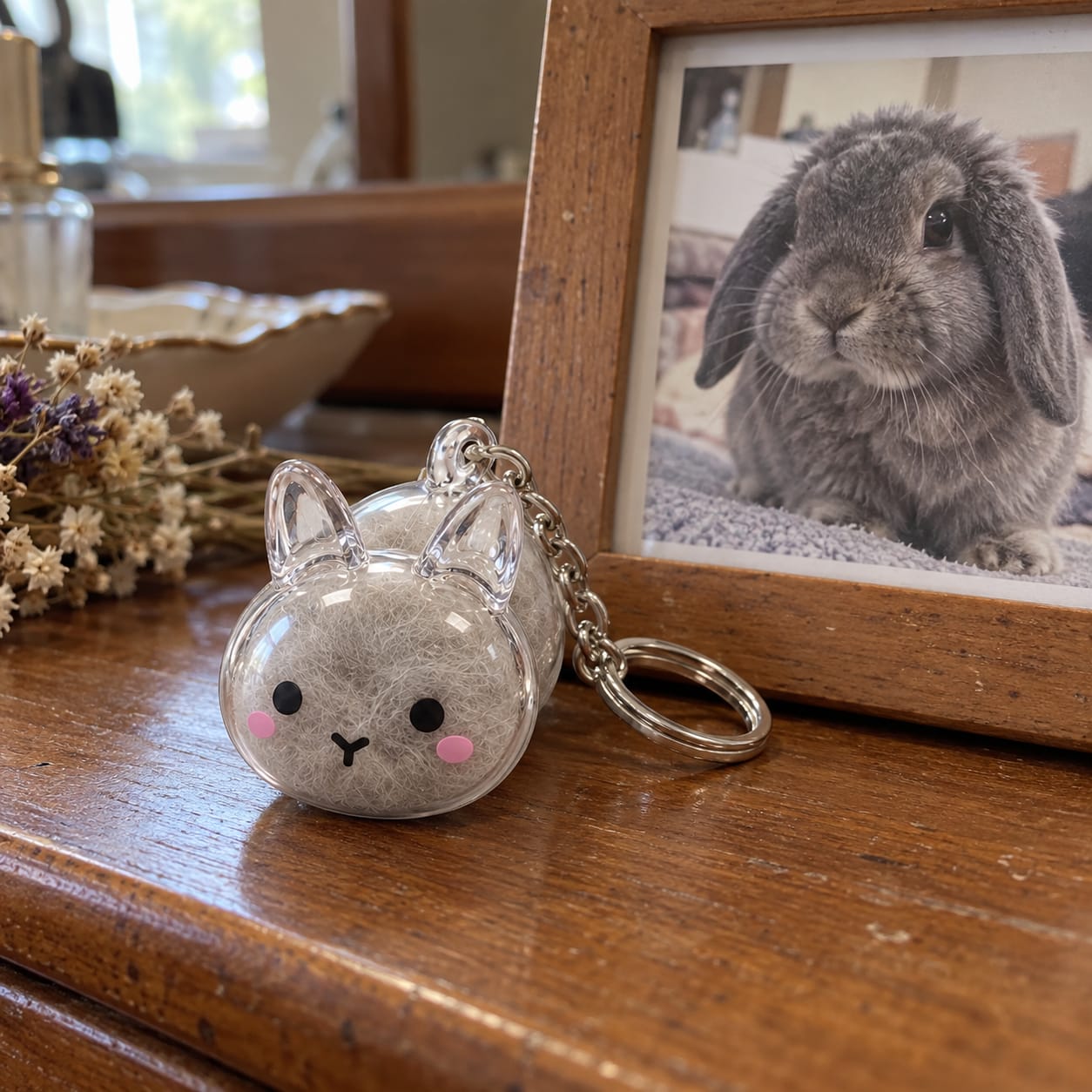 Customer photo review of Keepsake Keychain That Holds Your Bunny's Fur
