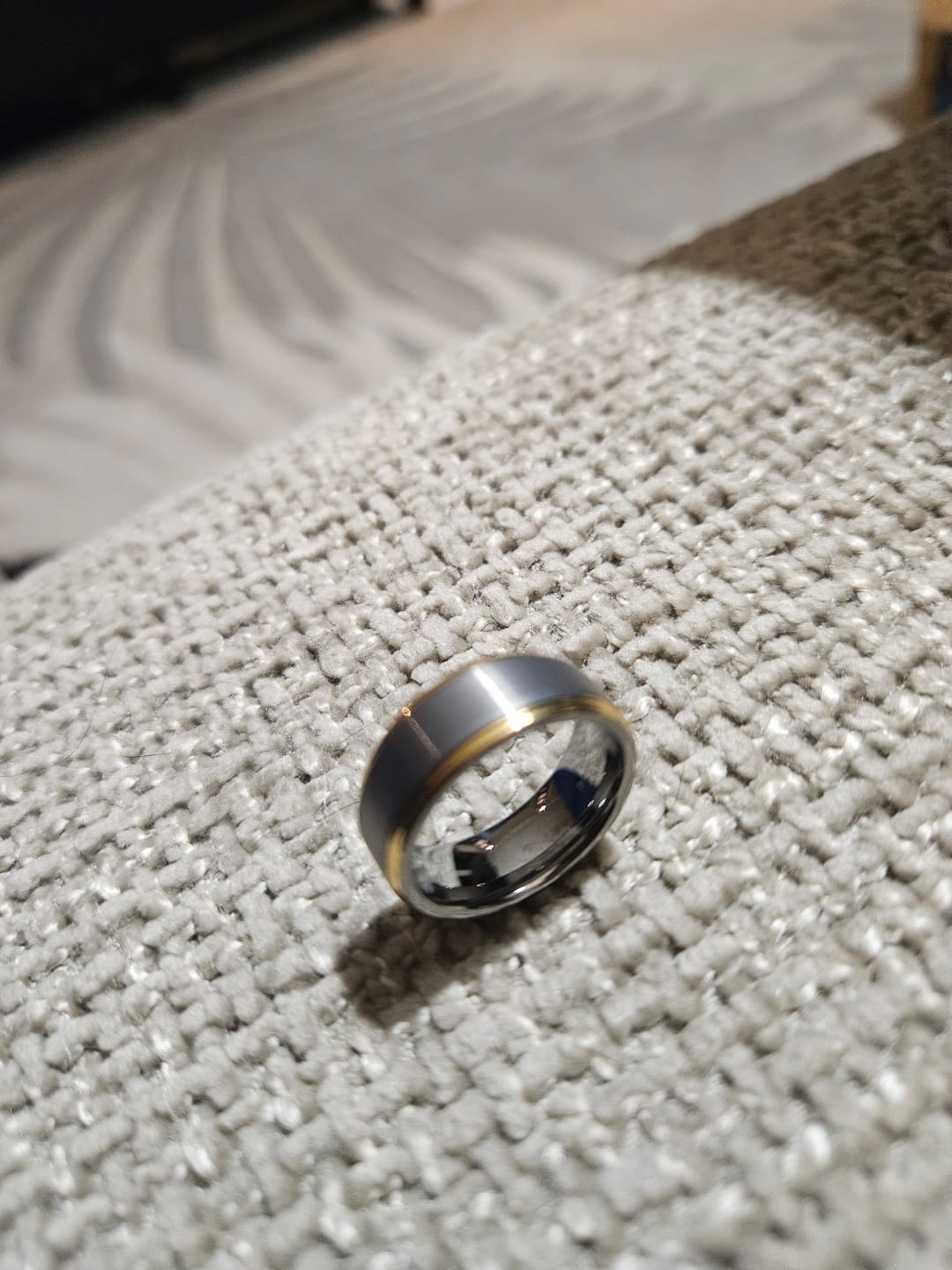 Customer photo review of 8mm Silver and Gold Brushed Tungsten Carbide Wedding Band