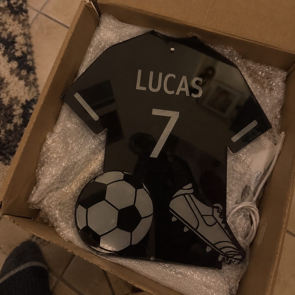 Customer photo review of Personalized Soccer Jersey Mirror with LED Lights