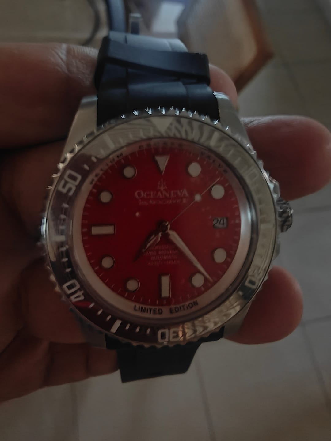 Customer photo review of Oceaneva Mens Deep Marine Explorer II Damascus Steel Watch Red Dial
