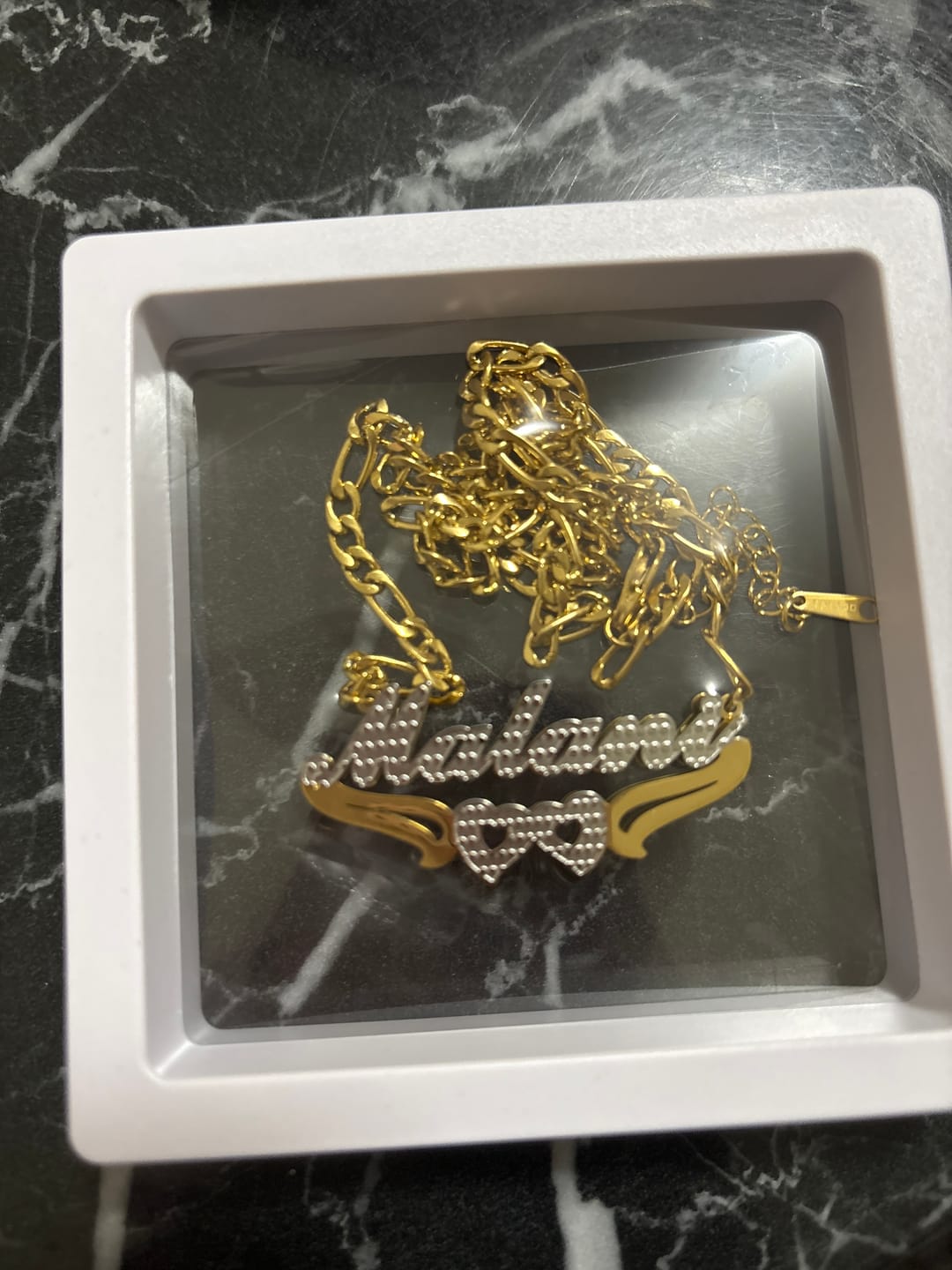 Customer photo review of Double Plated Hearts Name Necklace w/ Figaro Chain