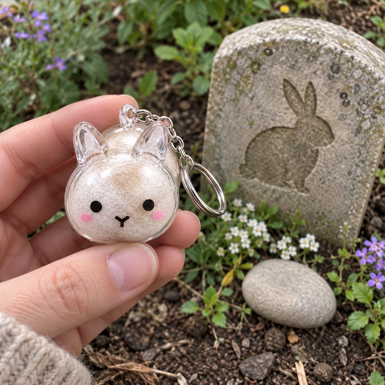 Customer photo review of Keepsake Keychain That Holds Your Bunny's Fur