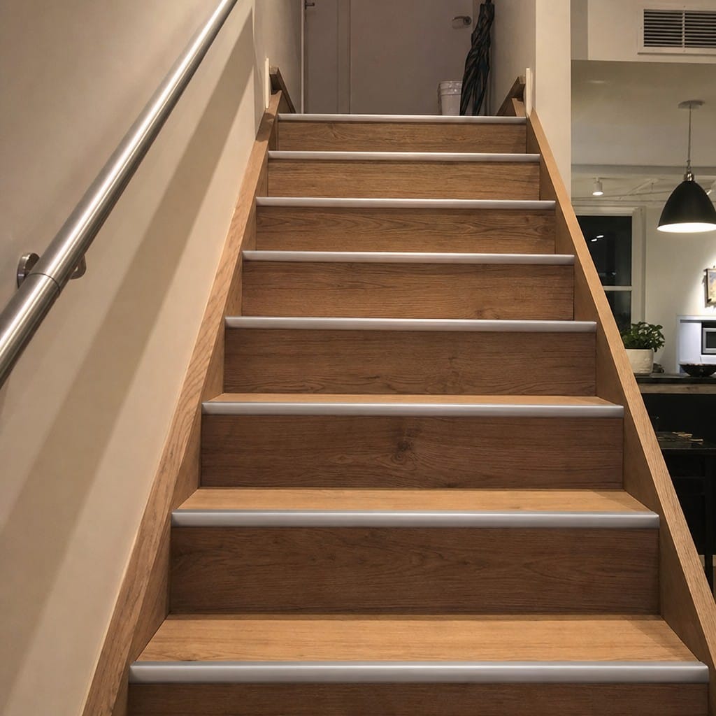 Customer photo review of LVT Stair Nosing for 5mm Click Vinyl, Rounded Anodised Aluminium 42x28mm