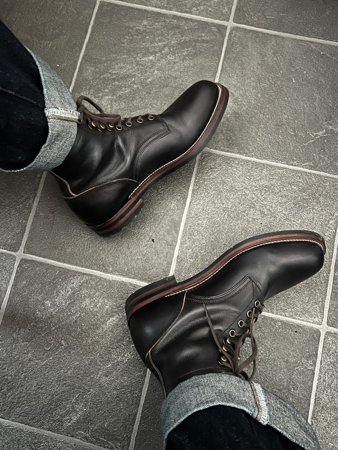 Customer photo review of Almond Plain Toe Logging Boot  -luosjiet®boots - Black TeaCore Full Grain Cowhide
