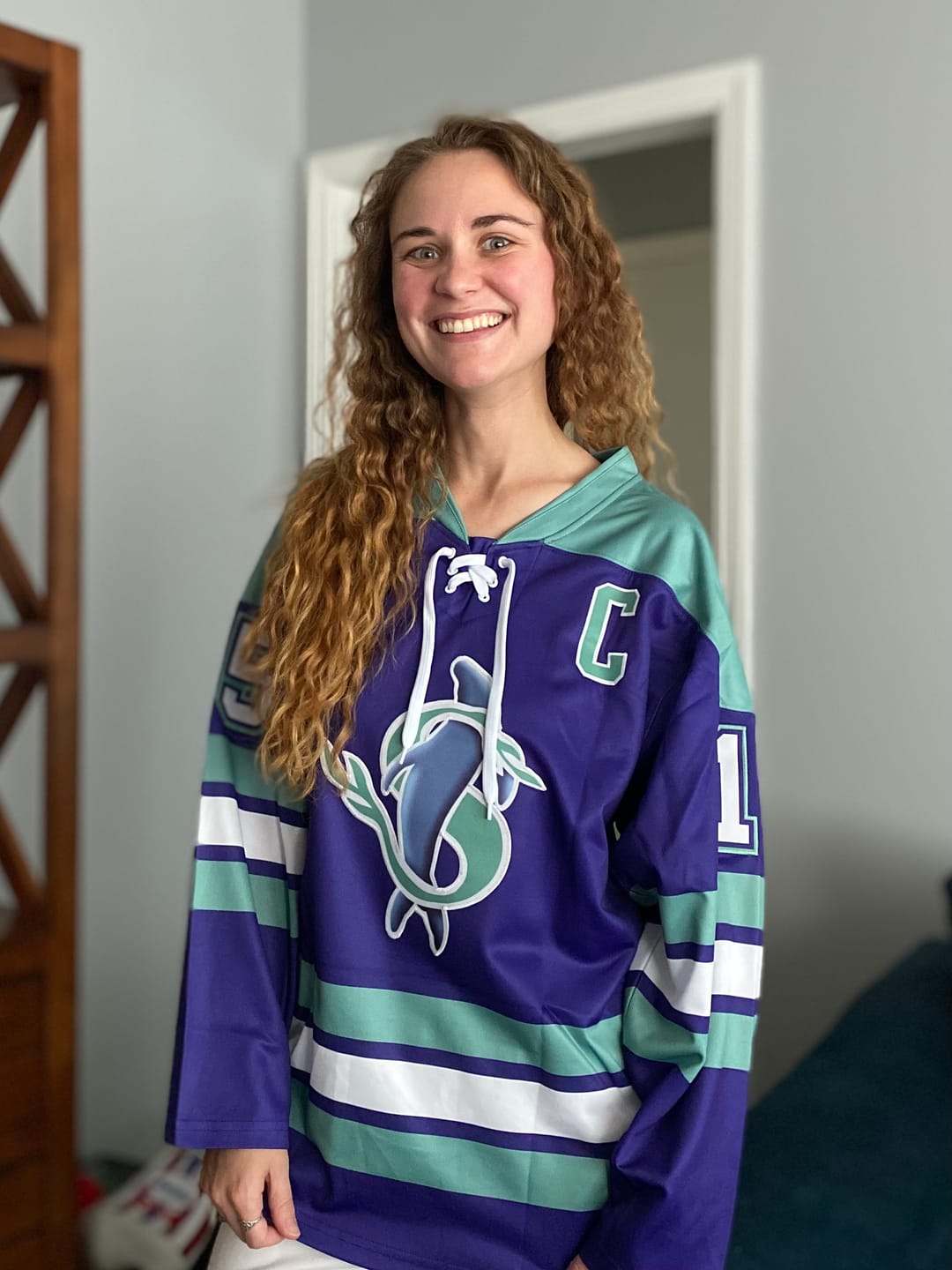Customer photo review of Custom Green Gold White Personalized Classic Lace-Up Neck Hockey Jersey