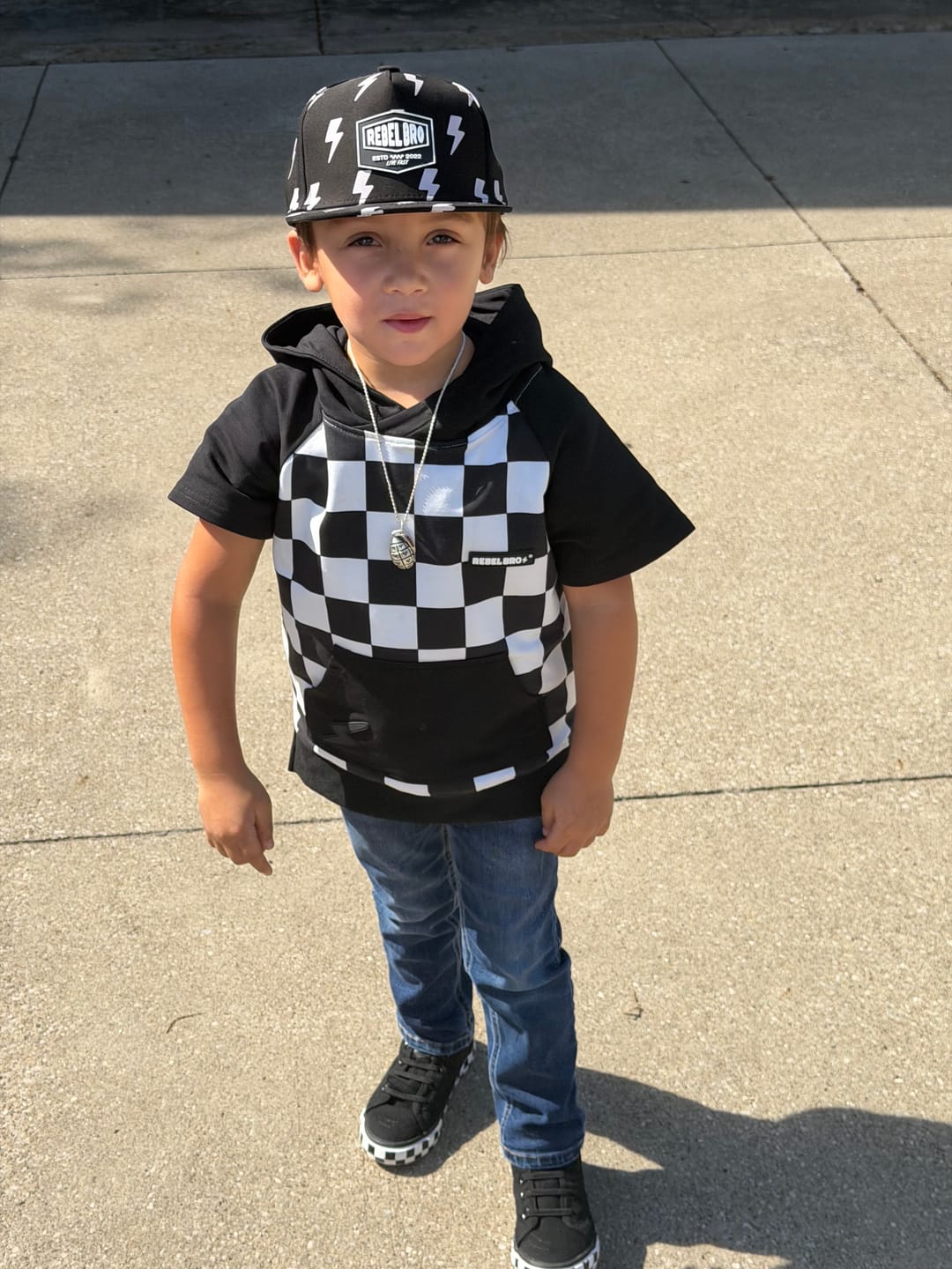 Customer photo review of Short Sleeve Hoodie in Taupe + Black Checkered