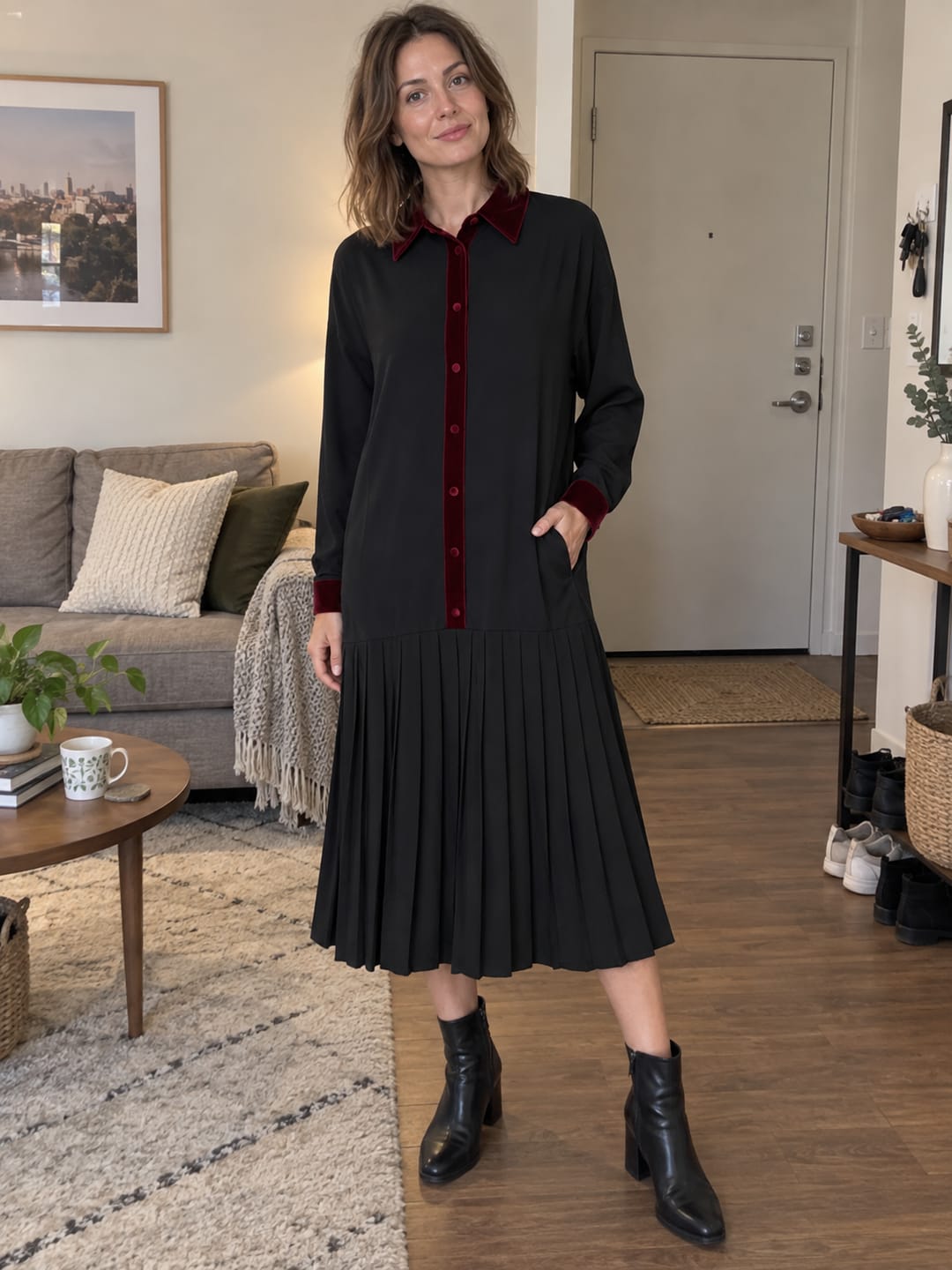 Customer photo review of Velvet Split-Joint Pockets Pleated Contrast Color Buttoned Loose Long Sleeves Lapel Midi Dresses