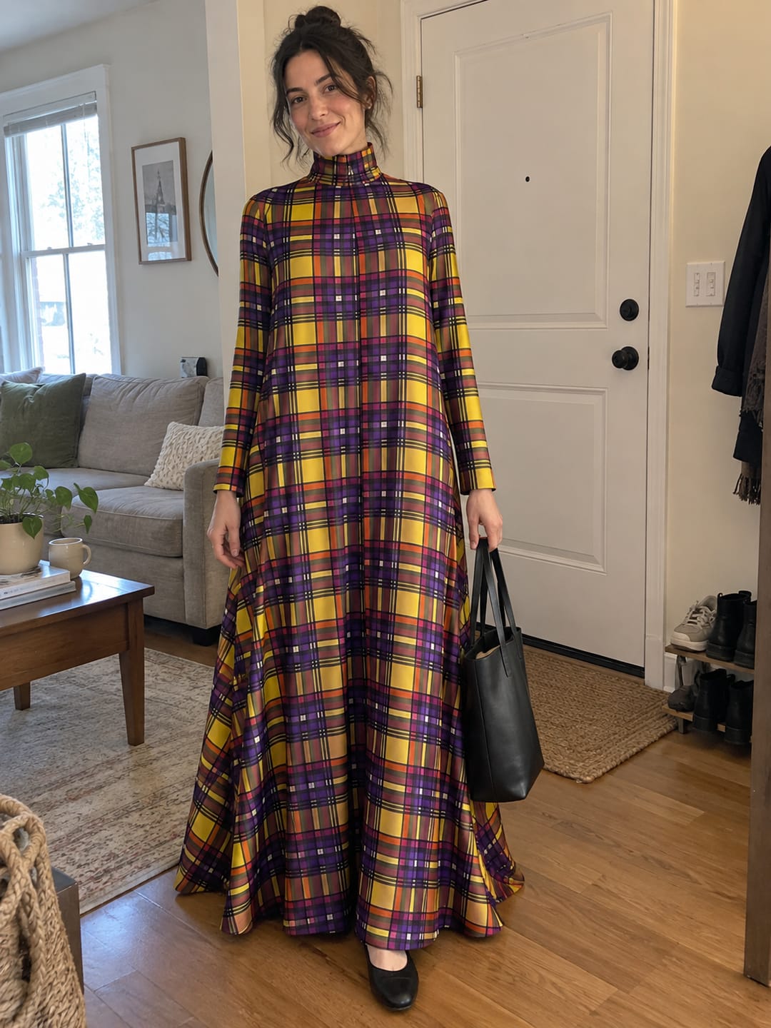 Customer photo review of Zipper Pockets Plaid Contrast Color Big Hemline Long Sleeves A-line High-neck Maxi Dresses