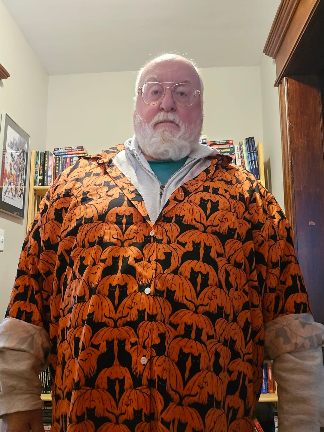 Customer photo review of Pumpkin Cats Long Sleeve Button Up Shirt