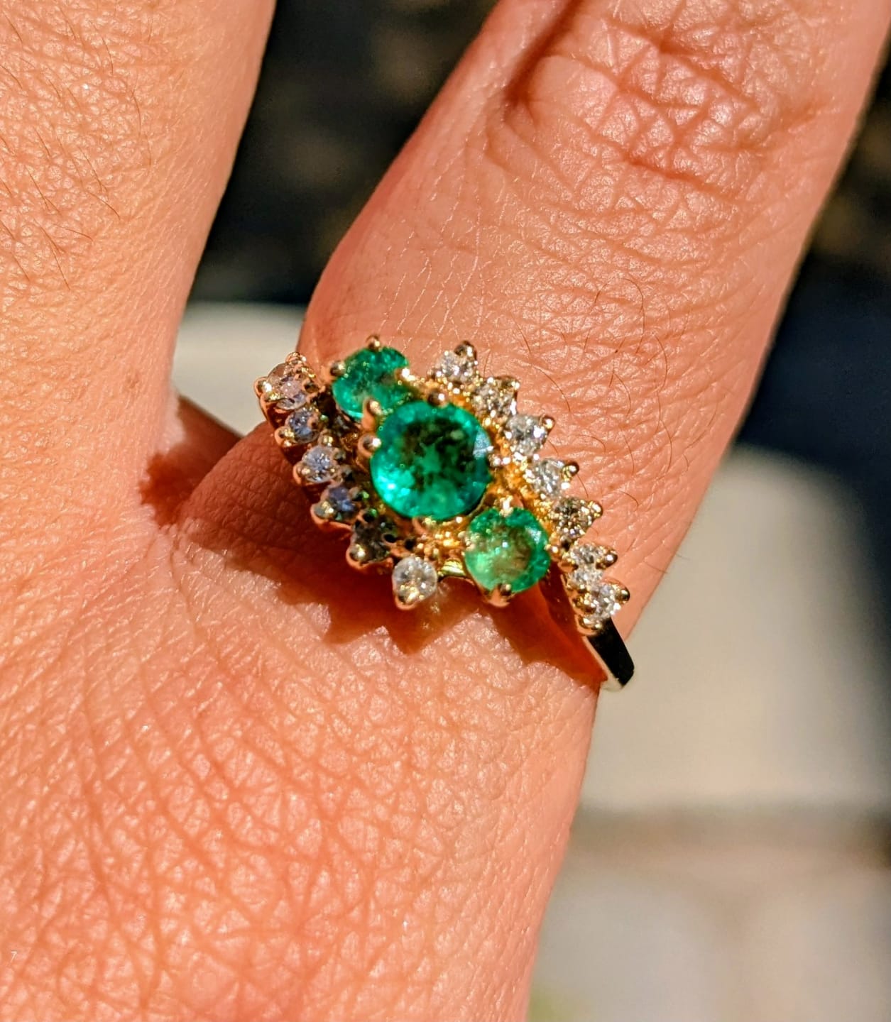 Customer photo review of Vintage 14k Yellow Gold Emerald Diamond Bright Trio Bypass Ring 8.00