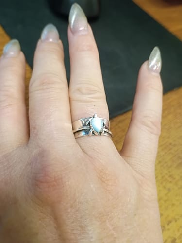Customer's Turtle Larimar Fidget Ring worn on a finger, featuring a light blue stone turtle design.