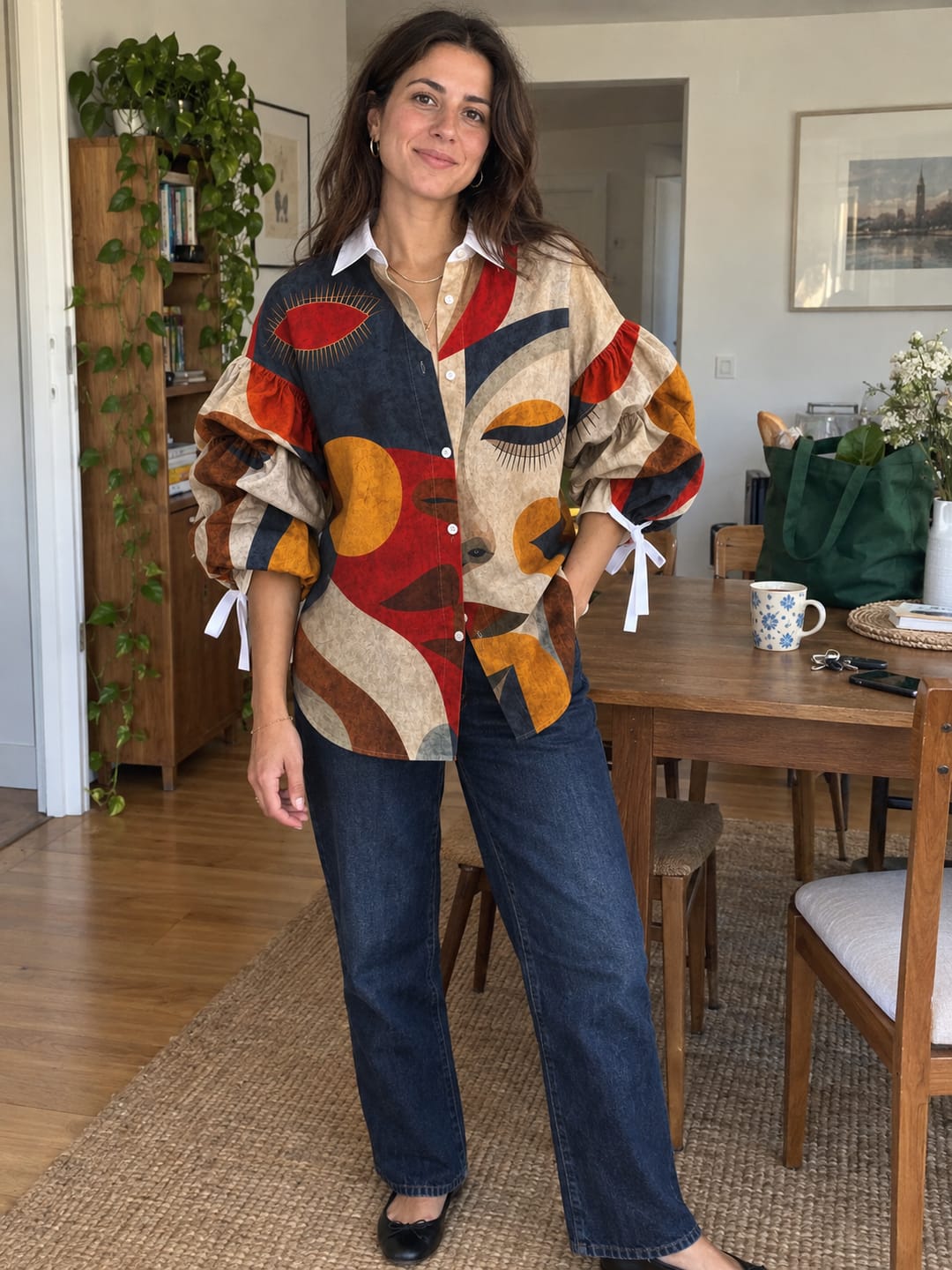 Customer photo review of Tiered Split-Joint Figure Contrast Color Buttoned Puff Sleeves Half Sleeves Lapel Blouses&shirts Tops