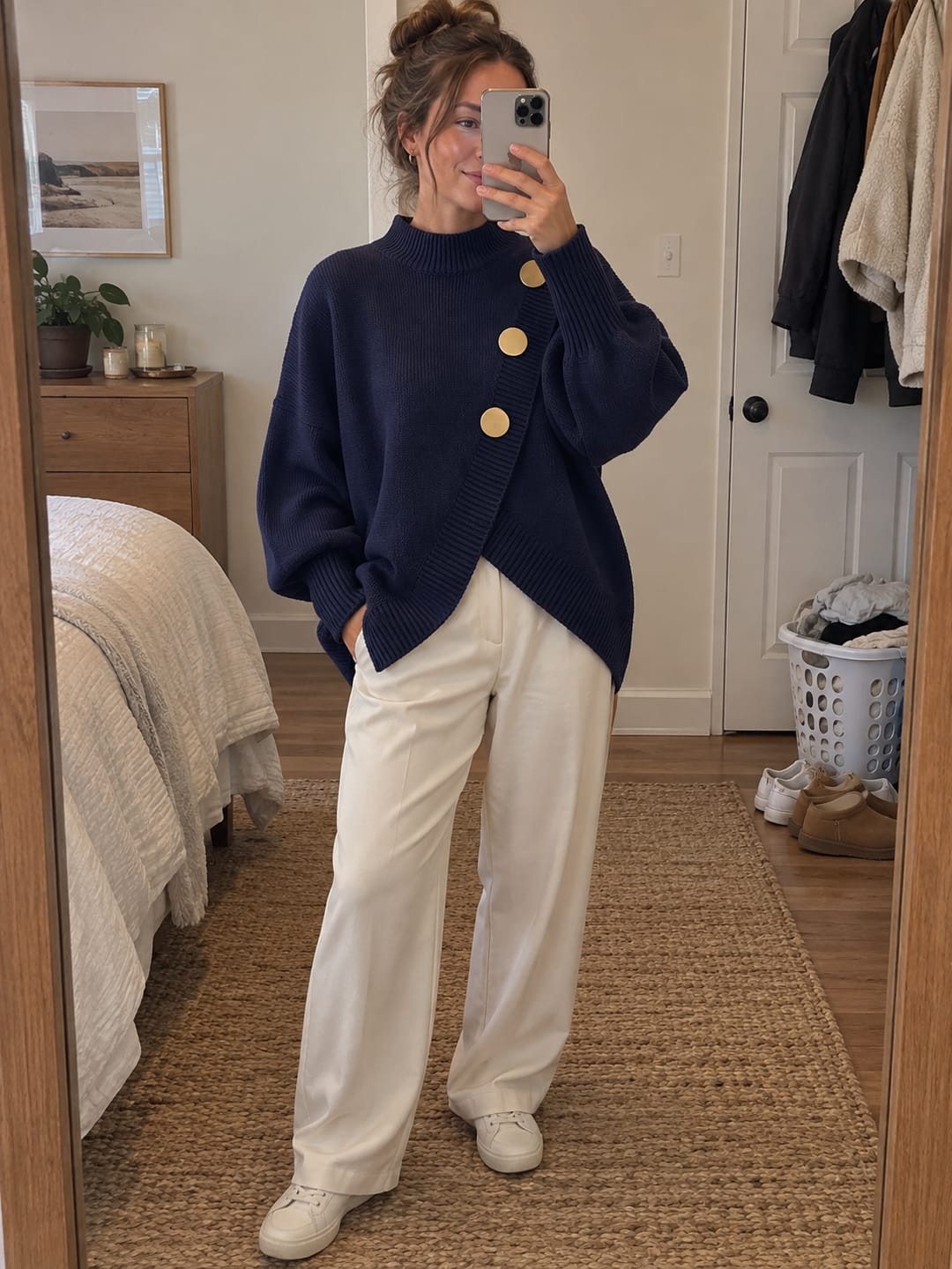 Customer photo review of Solid Color Ribbed Buttoned Asymmetric Loose Long Sleeves Mock Neck Sweater Tops Pullovers