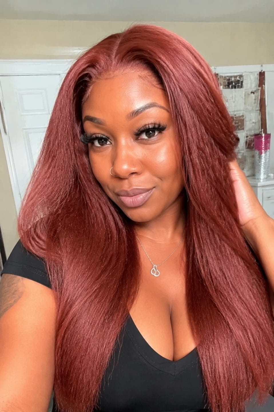 Customer photo review of Luvwin 33B Reddish Brown Straight 13x4 Lace Frontal Wigs Put On And Go Human Hair Wigs