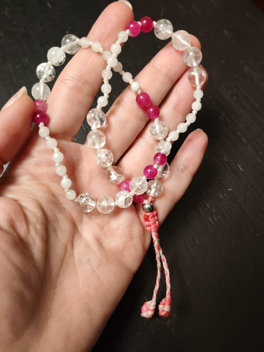 Customer photo review of Rainbow Moonstone Mala Necklace with Aqua Aura Quartz – 108 Hand-Knotted Prayer Beads