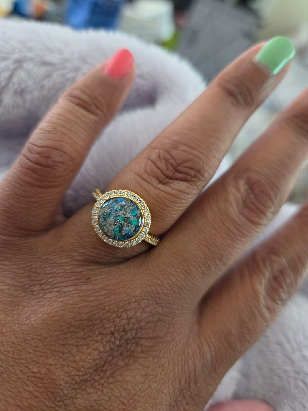 Customer photo review of Bedazzled Circle Opal Cremation Ring
