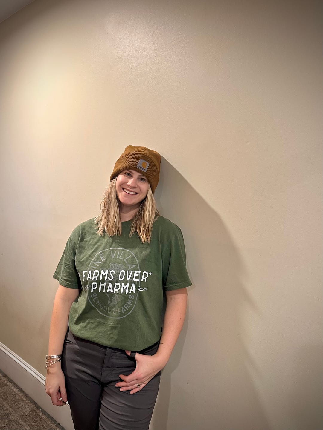 Customer photo review of Farms Over Pharma T-Shirt (Army Green)