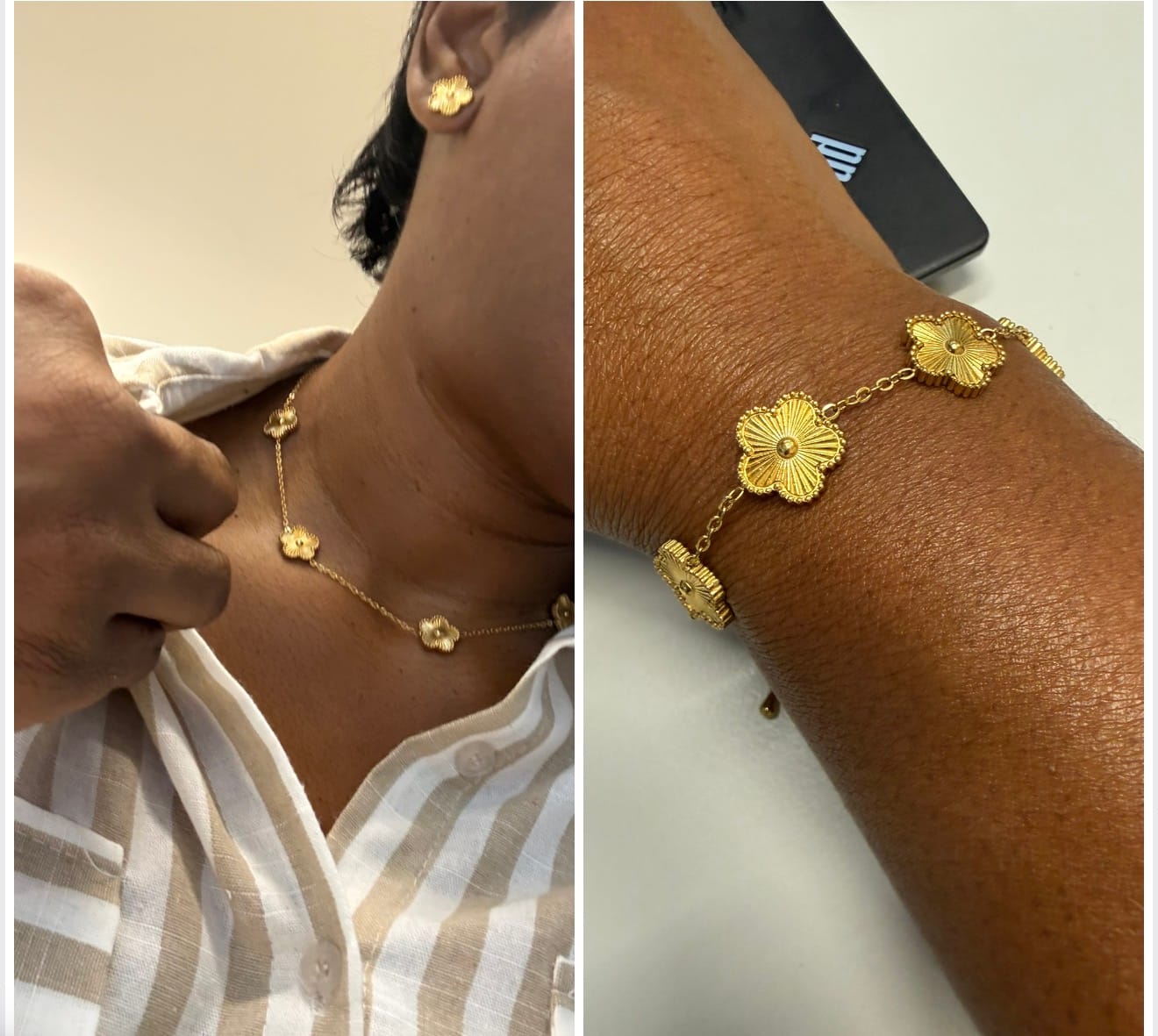 Customer photo review of Golden Clover Cluster Necklace