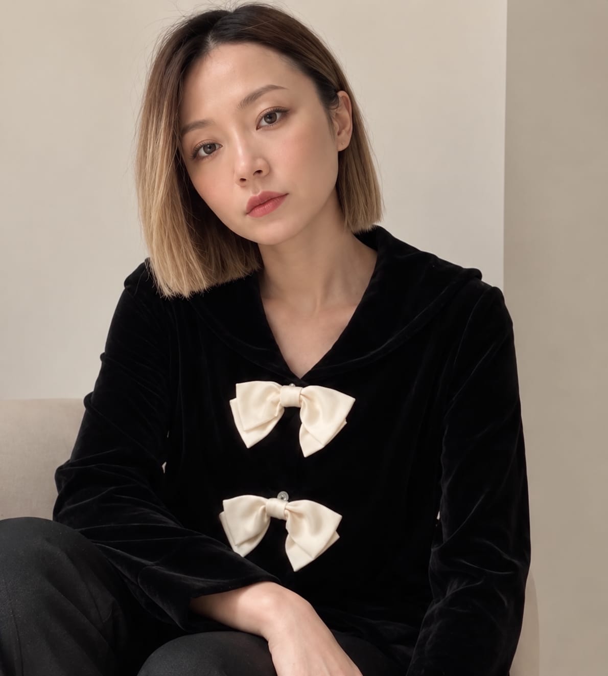 Customer photo review of PAJA Summer Shimmer Silk Velvet Sailor Collar Bow Cropped Top