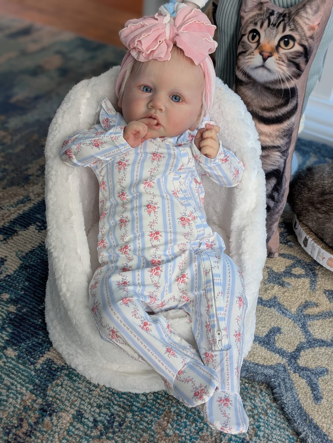 Customer photo review of Anna Floral Stripe - 2 Way Ruffle Sleeve Zipper Footie