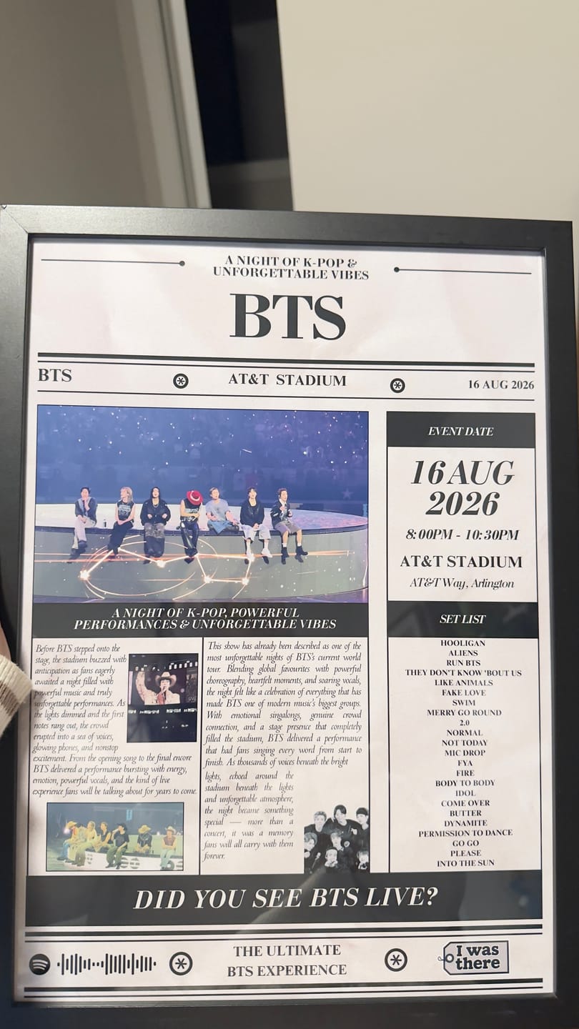 Customer photo review of BTS - Personalised Newspaper Style Concert Poster (USA Tour)