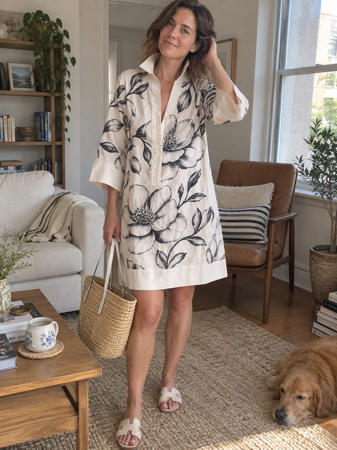 Customer photo review of Flower Print Buttoned Three-quarter Sleeves Loose Stand Collar Mini Dresses