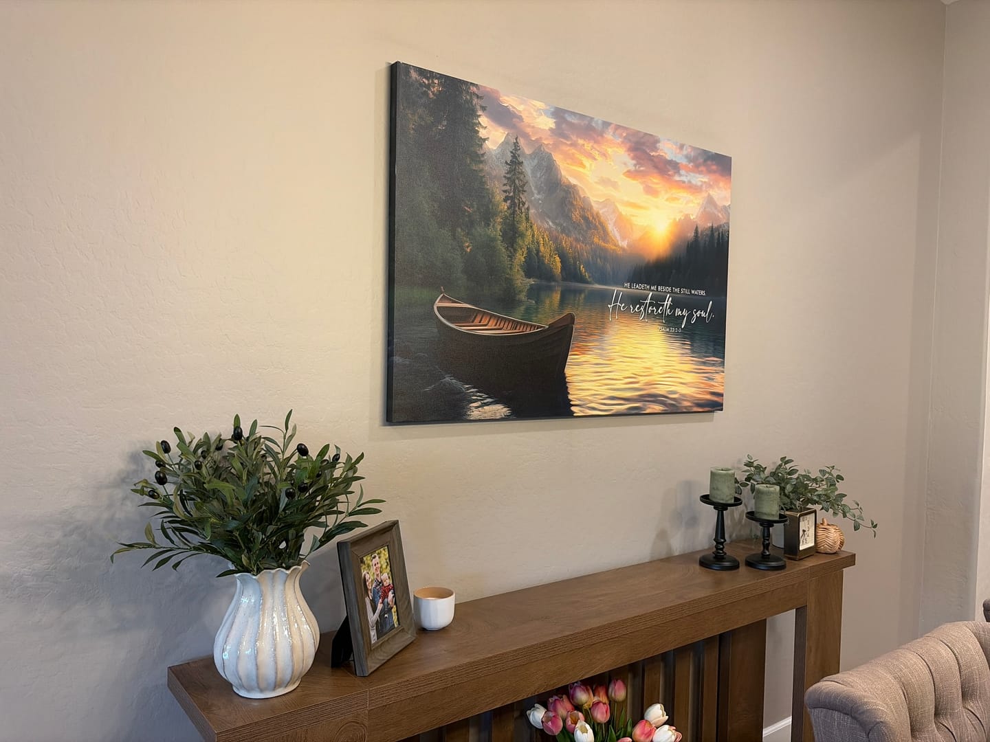 Customer photo review of He Leadeth Me Beside The Still Waters Psalm 23:2-3 Bible Verse Wall Art Canvas