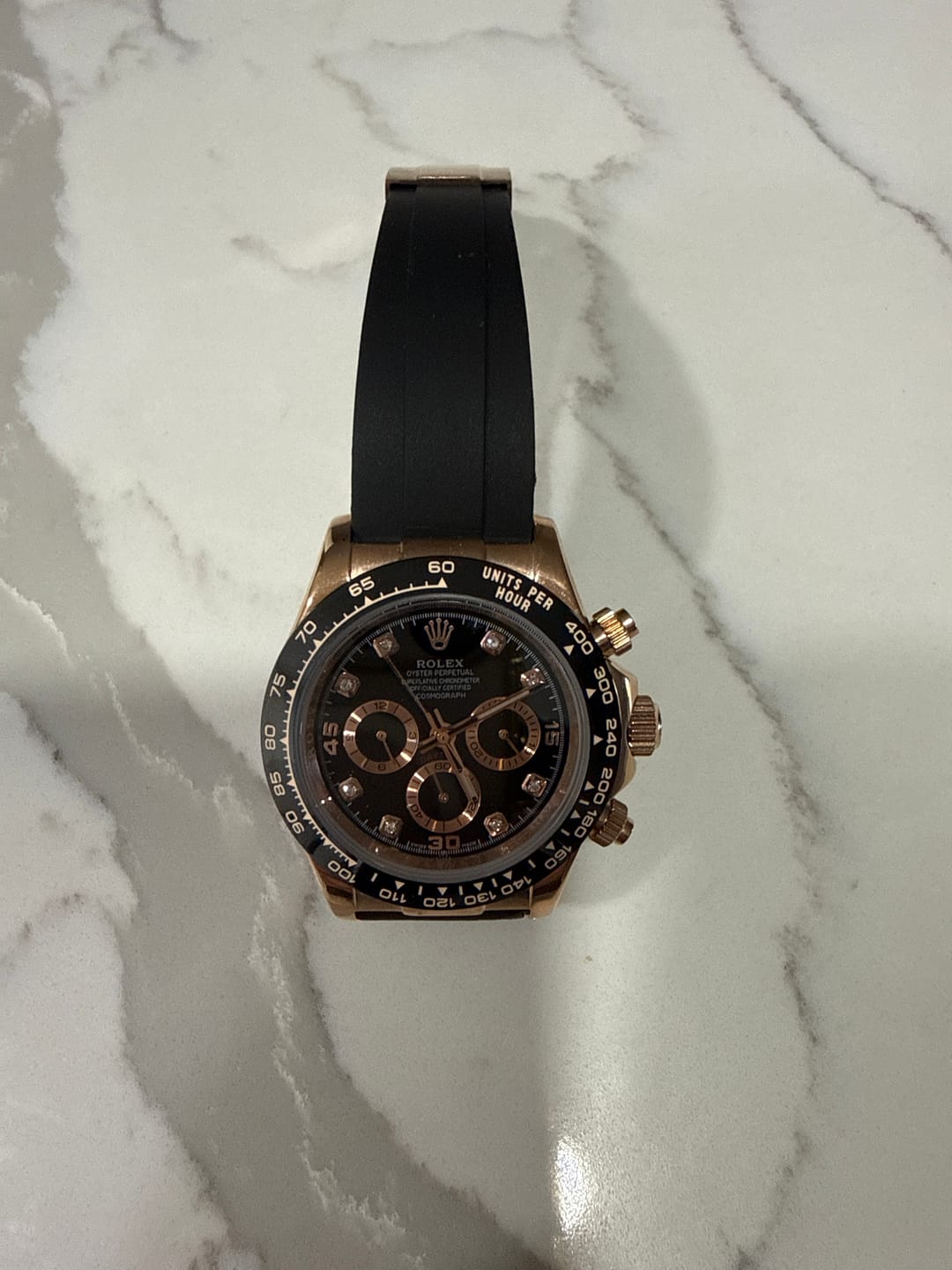 Customer photo review of Daytona 40mm Rose Gold Black Diamond Dial Oysterflex Rubber Strap M116515LN-0057