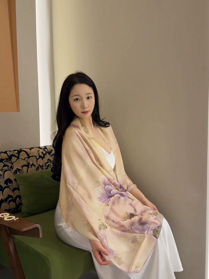 Customer photo review of Blossoming Years Printed Mulberry Silk Shawl / Scarf