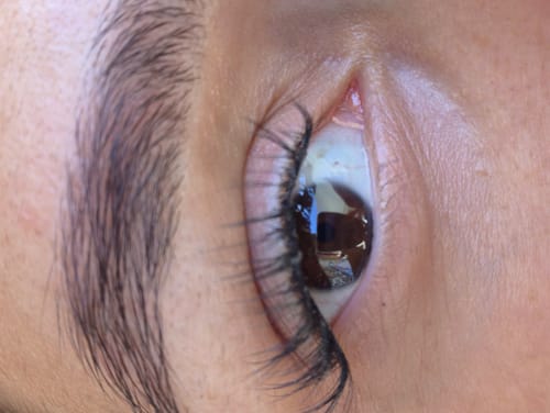 Customer's natural eye with THE MAIN CHARACTER lash extensions, showing a soft, spiky, and detailed application.