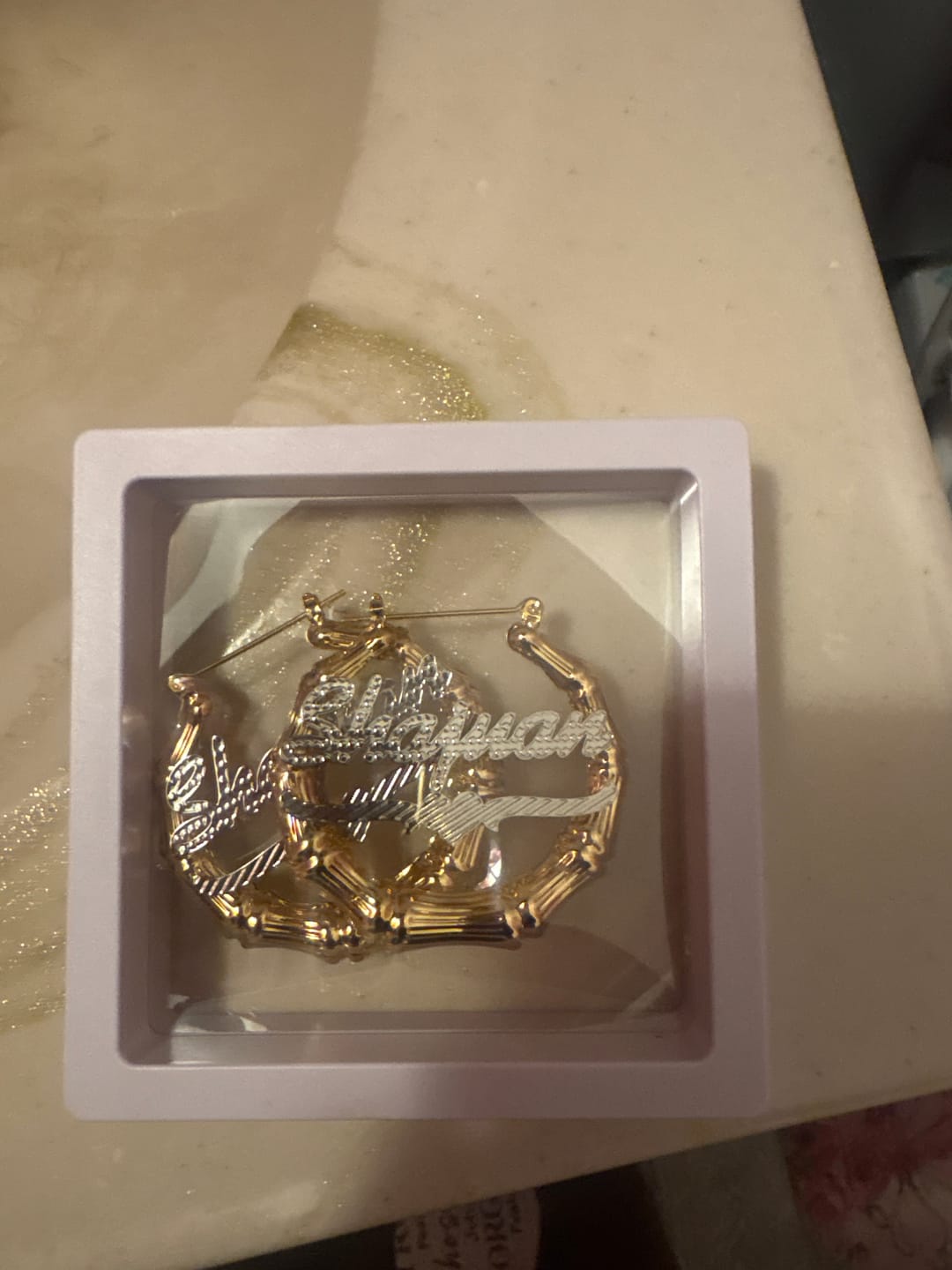 Customer photo review of Double Plated Bamboo Name Hoop Earrings