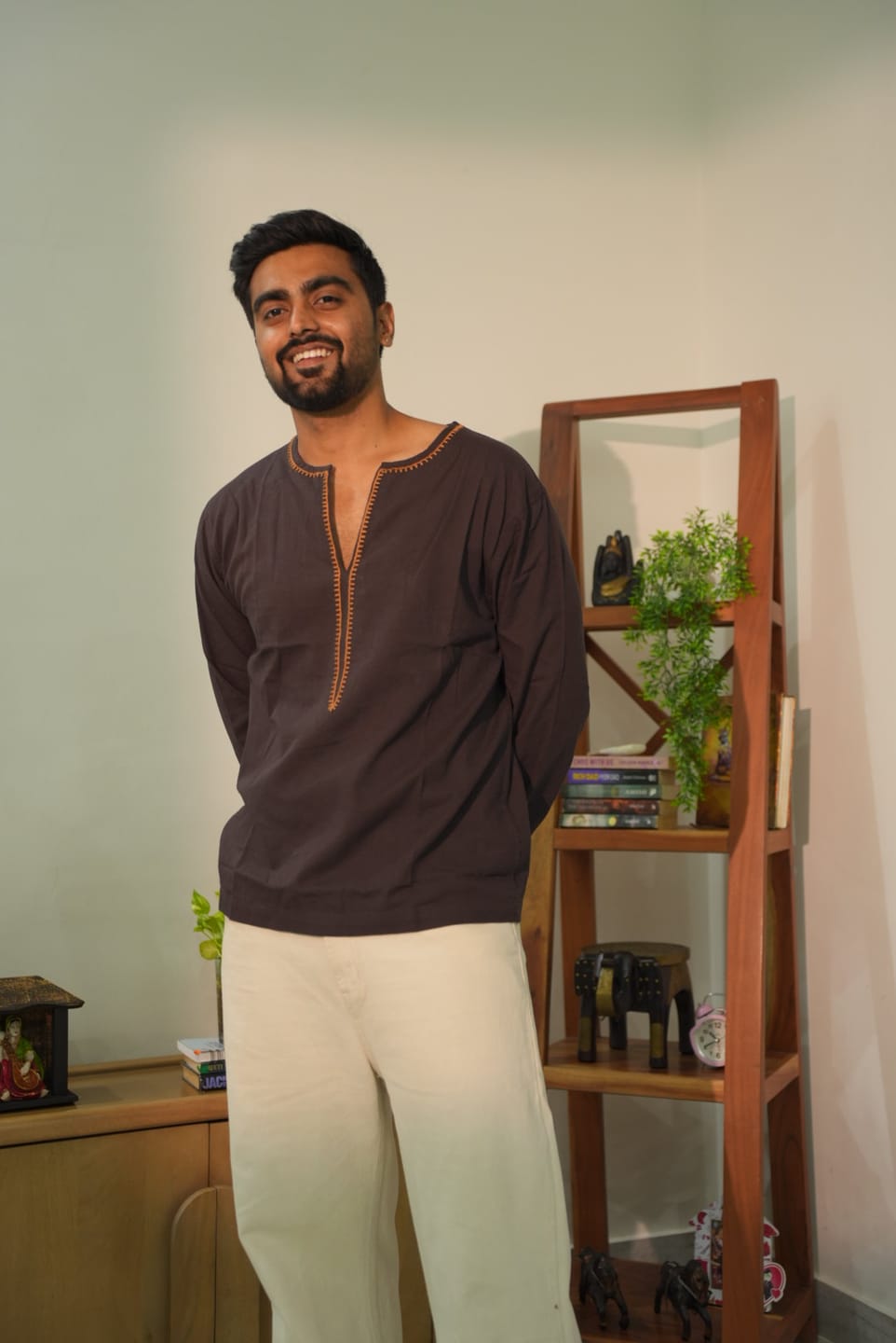 Customer photo review of Brown Embroidered Linen Blend Kurta Shirt
