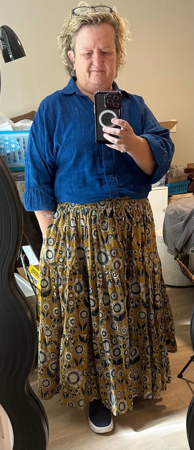 Customer photo review of Mustard Floral Block Print Cotton Elasticated Maxi Tier Skirt